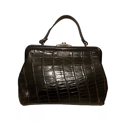 Vintage Russell & Bromley Brown Leather Moc Croc Gladstone Handbag Bag Womens • £124.90