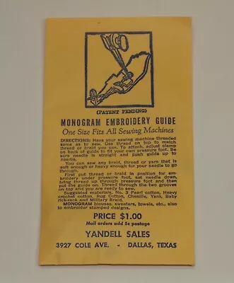 Vintage YANDELL Sales MONOGRAM EMBROIDERY GUIDE * Fits All Sewing Machines • $15