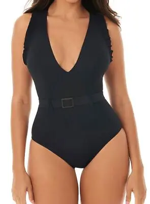 Skinny Dippers Miraclesuit Ruffle Belt One Piece Swimsuit Black $124 NEW XL • $74.95