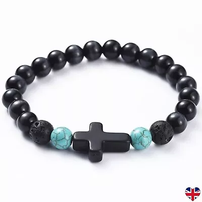 £3.89 • Buy Crystal Gemstone Bead Bracelet Cross Chakra Mens Stone Black Jewellery Anxiety 