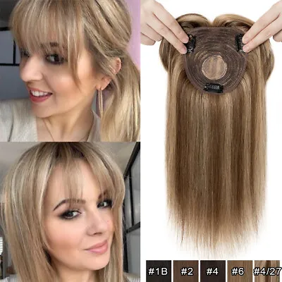 Clip In Remy Human Hair Topper Hairpiece Toupee With Bangs Silk Base For Women • $35.55