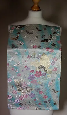 Japanese Silk Brocade Blue Silver Butterfly Floral Obi Fabric Handwoven 5 • £15