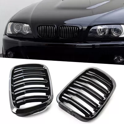 Pair Gloss Front Twin Bar Grille Grills For BMW 3 Series E46 1999-2001 4 Door • $45.10