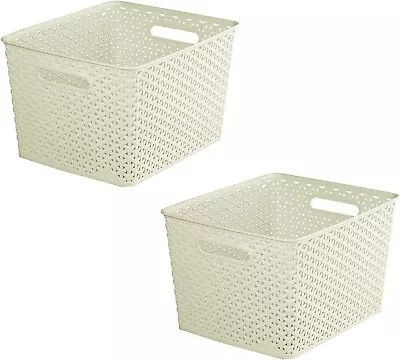 2 X Curver Large Rattan Plastic Storage Basket Organiser Vintage White/Cream • £13.99