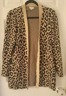 J. Crew Leopard Animal Print Open Front Long Cardigan Sweater Tan Black Womens L • $24.88