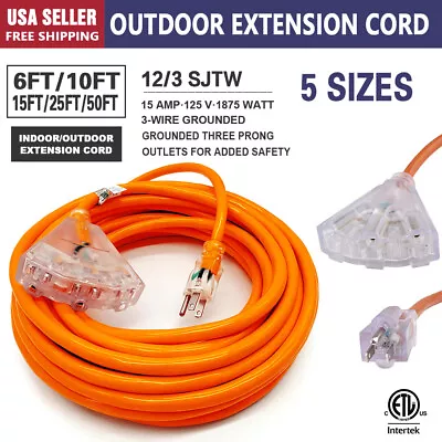 12/3 Heavy Duty 3-Outlet Lighted SJTW Indoor / Outdoor Extension Cord 6FT-50FT • $25.99