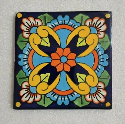 Glossy  4 Dot Yellow Blue Blossom  Mexican Talavera Ceramic Tiles 4x4 • $5.75