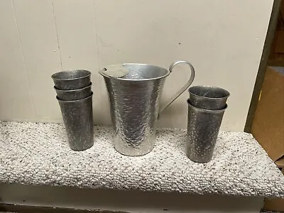 Vintage Hammered Metal Pitcher With Five Aluminum Glasses • $15.10