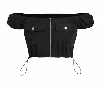 Black Utility Nylon Zip Front Drawstring Bardot Crop Top XXS • £3.45