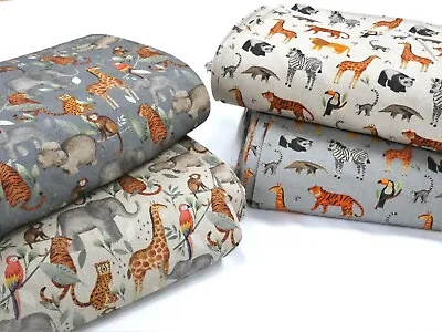 SAFARI & ZOO ANIMALS Cotton Linen Look Fabric Cushions Curtains Blinds Crafts • £1.09