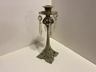 Ornate Cast Metal Candle Holder Wotj 4  Prisms  10”Tall  X 4” At Base Gray Color • $24.99