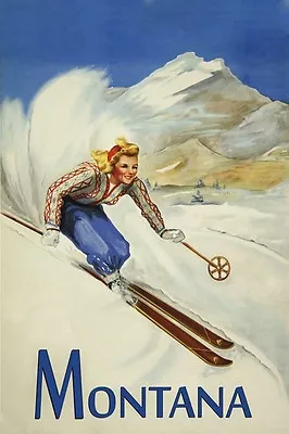 Ski Montana Vintage Poster Of Lady Skiing Sport Reproduction FREE S/H • $17.90