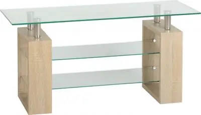 Milan TV Unit In Sonoma Oak Effect Veneer Finish Clear Glass Undershelves • £104.99