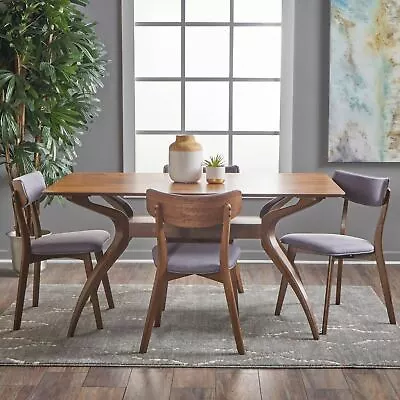 Nerron Mid Century Finished 5 Piece Wood Dining Set With Fabric Chairs • $724.41