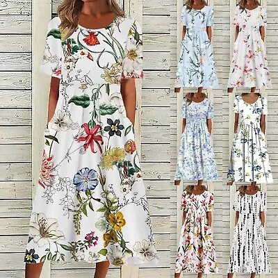 Womens Short Sleeve Floral Midi Dress Kaftan Casual Loose Pocket Pleated Dresses • $19.81