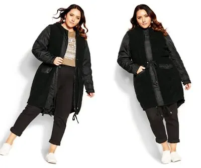 City Chic Ladies Longline Fluffy Jacket Sizes 14 16 18 Colour Black • $39.99