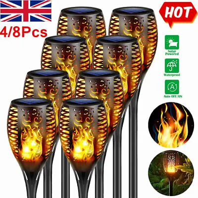 8× Flame Effect Solar Outdoor Lights Stake Garden Path Flickering LED Torch Lamp • £10.98