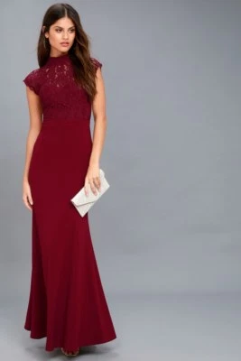 $34.71 • Buy LULUS Burgundy Red Lace Bodice Stretch Crepe Open Knit Crazy About You Mermaid L