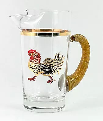 Rooster Pitcher Glass 22K Gold Accents Wrapped Wood Handle 6 Oz Vintage C469 • $11.95