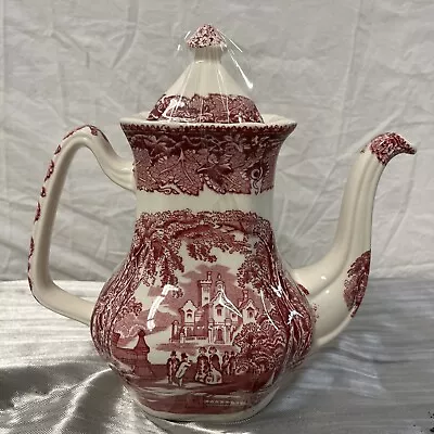 Vintage Masons Red Pink Vista Tall China Teapot Victorian Scene Nice Ref 20884 • $36.36