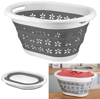Oval Laundry Basket Collapsible Washing Clothes Floral Bin Foldable Easy Pop Up • £12.29
