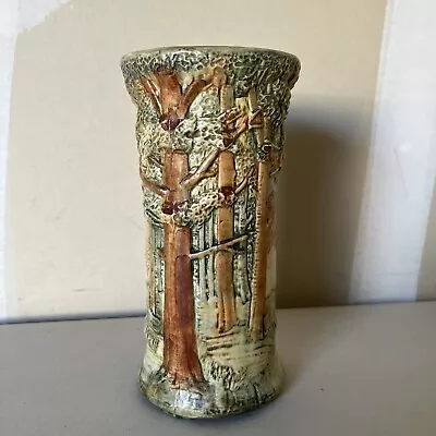 Vtg Weller Forest 1920s Pottery Brown Green Woodland Scene Cylindrical Vase 8  • $120