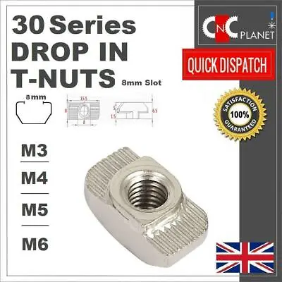 M3 M4 M5 M6 Drop In T-Nut Hammer 30 Series Aluminium Extrusion Profile Slot 8mm • £1.89