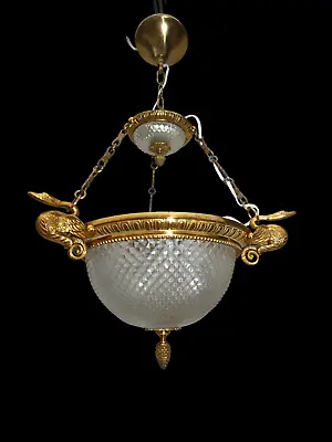 Vintage French Bronze Lucien Gau Swan Crystal Glass Chandelier Lamp Rare • $875