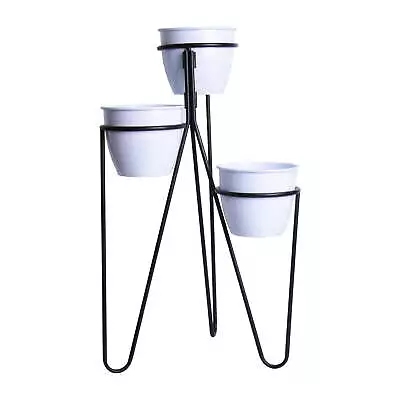 Multi Level White Round Plain Metal Planters With Black Metal Plant Stand • $24.98