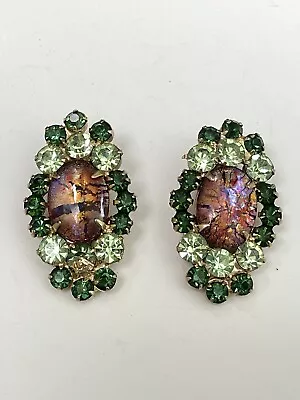 Juliana DeLizza & Elster D&E Foiled Cats Eye Cabochon Green Rhinestones Earrings • $120