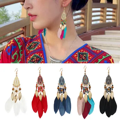 £2.87 • Buy Boho Long Feather Dangle Women's Earrings Ethnic Tassel Beads Flower Pendent 