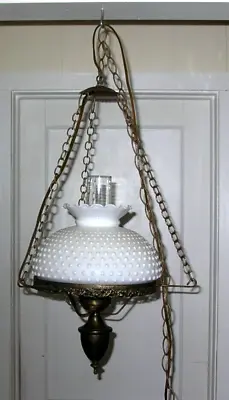 Vintage Hurricane Hobnail White Milk Glass Lamp Hanging Ceiling Chandelier Swag • $80