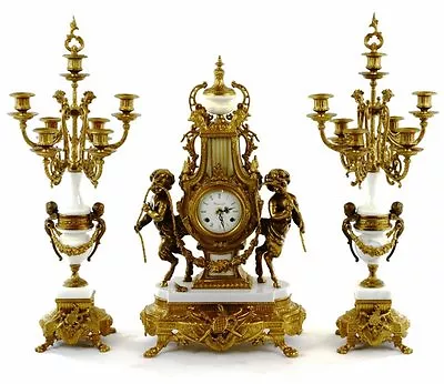 3pc French Neoclassical Figural Putti Bronze/Marble Mantel Clock Set • $2650