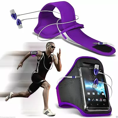 Purple✔Quality Sports Armband Gym Running Phone Case Cover+In Ear Headphones • £8.95