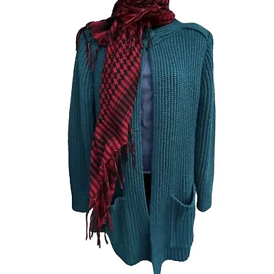 VTG 90s Teal Christmas High Neck One Button Ribbed Knit Cardigan Women’s M EUC • $26.97