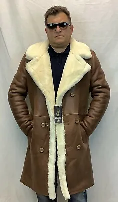 COGNAC 100% REAL SHEEPSKIN SHEARLING LEATHER Long Trench Coat Jacket XS-8XL NWT • $395.10