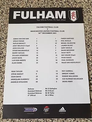 TEAMSHEET PREMIER LEAGUE FULHAM V MAN UTD 30th Dec 2001 • £1.29