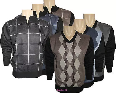 £10.99 • Buy Men’s Jumpers Check Diamond V Zip Neck Classic Full Sleeve Cardigan Top M To 2XL