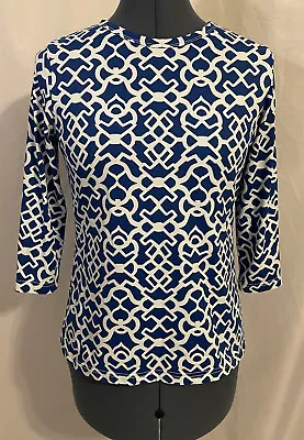 Barbara Gerwit Blue White Lattice Geometric Print Stretchy Pullover Top Size XS • $17.99