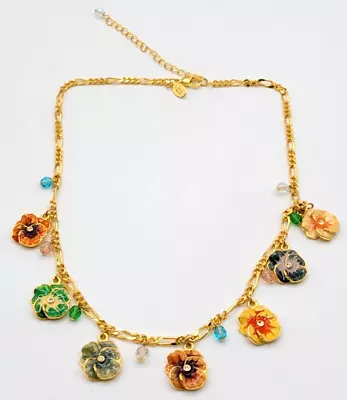 Joan Rivers Pansy Charm Necklace Crystal Drops Colorful Flowers Enamel Signed • $99.87