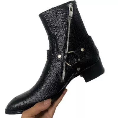 Men Real Leather Boot Ankle Boot Chelsea Boot Pointy Toe Cowboy Boot Snake Print • $138.39