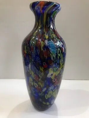 Large Hand Blown Millefiori Vase Blue Multi-Color Glass Pitcher Jug Signed • $300