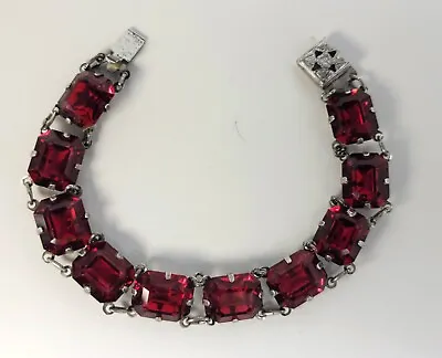 Art Deco Sterling & Red Glass Rhinestone Bracelet Open Back Links Vintage • $72