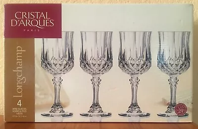 SET OF FOUR Cristal D'Arques LONGCHAMP CLEAR 5 1/2 Oz Wine Glasses 6 1/4 . NEW • $22.49