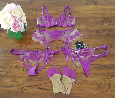 $450 • Buy Honey Birdette - NEW - Gabrielle Orchid/Purple 5 Piece Lingerie Set