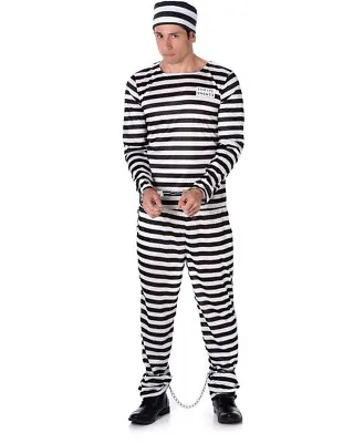 Adult Prison Convict Striped Shirt Pants + Hat Men's Halloween Costume XL • $29.95