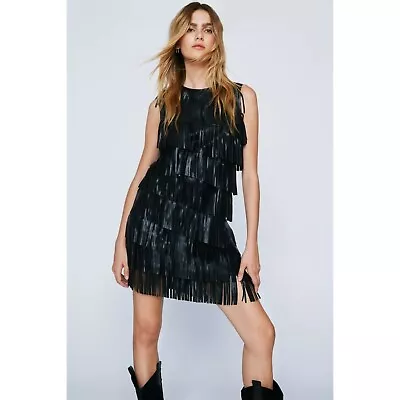 Zara 100% Leather Fringe Flapper Dress Sleeveless Lined Black Size M • £192.89