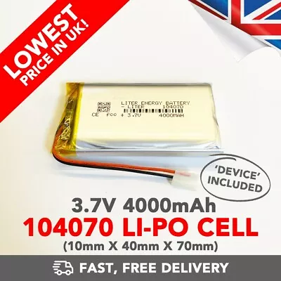 3.7V 4000mAh Li-Po Battery (104070) Rechargeable High Capacity Tablet + Device • £10.99