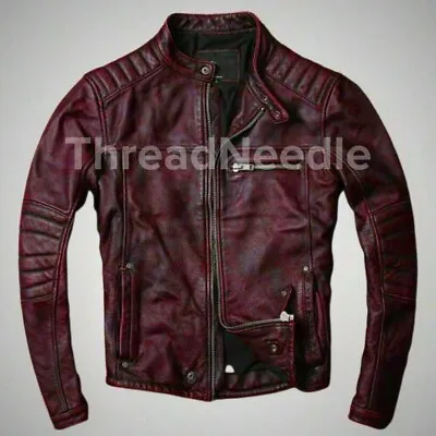 Men's Motorcycle Biker Vintage Cafe Racer Distressed Red Real Leather Jacket • $24.99