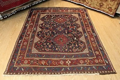 Late 19th Century Antique Qashqai Rug Tribal Handmade 5'x7' Pictorial Rug Wool • $2600